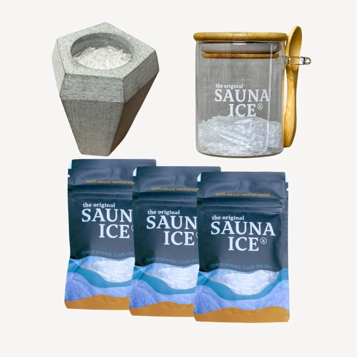 SAUNA ICE Starter Pack – Komplettset mit Mentholkristallen, Aufbewahrungsglas und Steam Cup