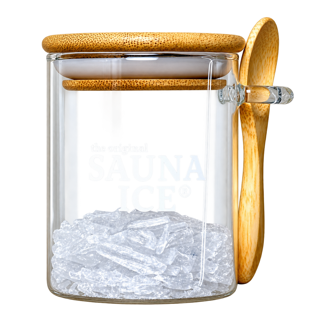 SAUNA ICE – Aufbewahrungsglas für Mentholkristalle mit Holzlöffel