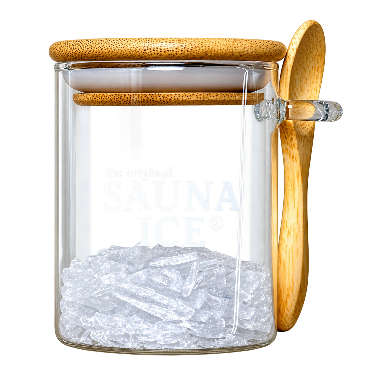 SAUNA ICE – Aufbewahrungsglas für Mentholkristalle mit Holzlöffel